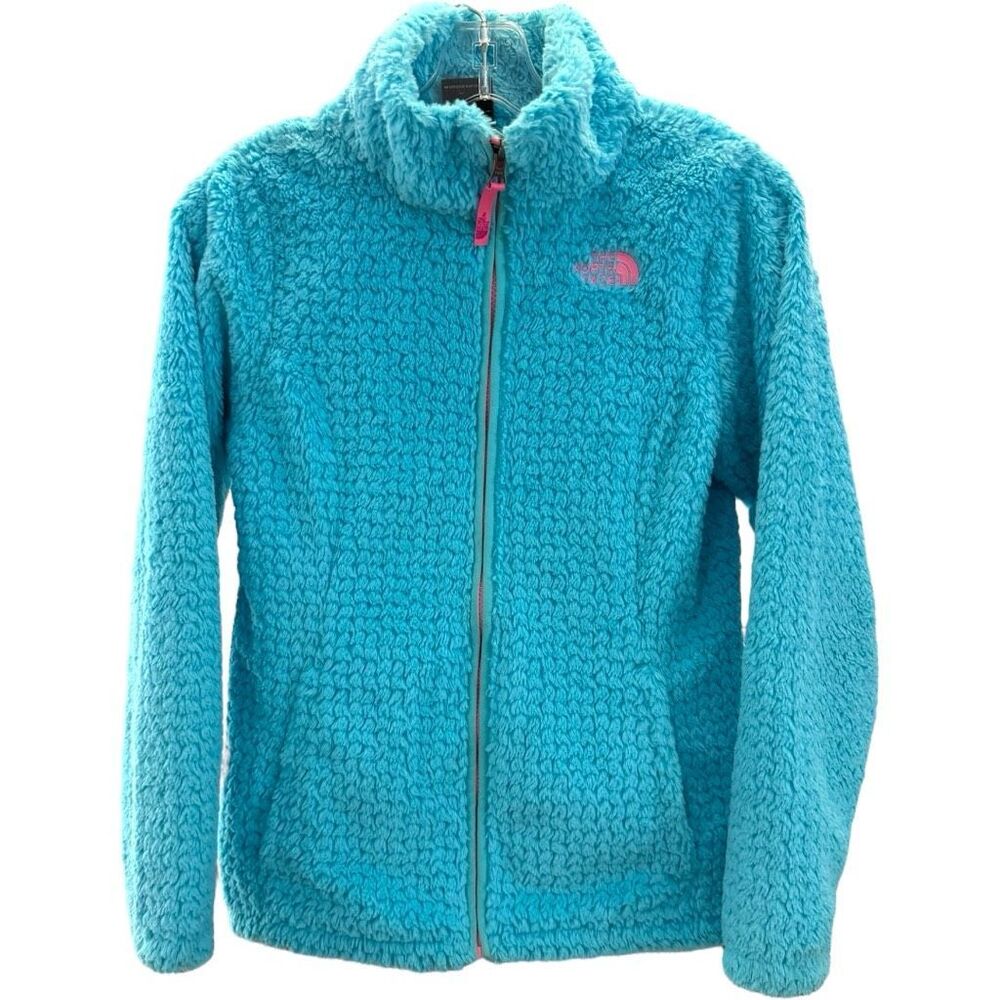 The North Face Girls Long Sleeve Fleece Fuzzy Full Zip Jacket Aqua Blue Large